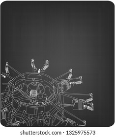 Disassembled radial engine on a gray background. Drawing