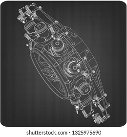 Disassembled radial engine on a gray background. Drawing