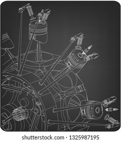 Disassembled radial engine on a gray background. Drawing