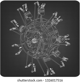 Disassembled radial engine on a gray background. Drawing