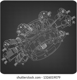 Disassembled radial engine on a gray background. Drawing