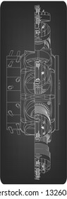 Disassembled radial engine on a gray background. Drawing