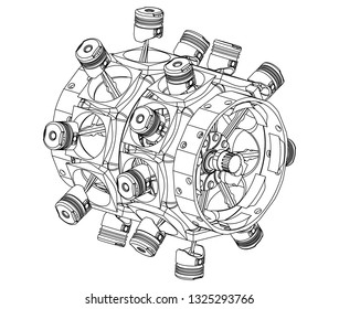Disassembled radial engine on a white background. Drawing