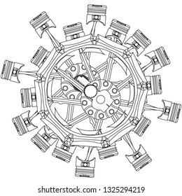 Disassembled radial engine on a white background. Drawing