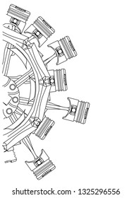 Disassembled radial engine on a white background. Drawing