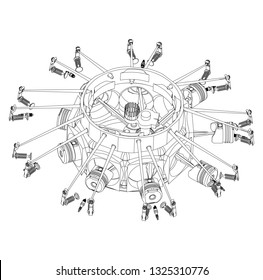 Disassembled radial engine on a white background. Drawing