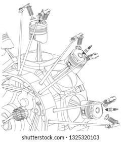 Disassembled radial engine on a white background. Drawing