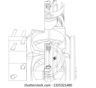 Disassembled radial engine on a white background. Drawing