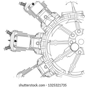 Disassembled radial engine on a white background. Drawing