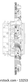 Disassembled radial engine on a white background. Drawing