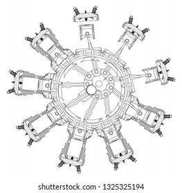 Disassembled radial engine on a white background. Drawing