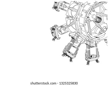 Disassembled radial engine on a white background. Drawing