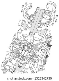 Disassembled radial engine on a white background. Drawing