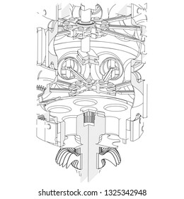 Disassembled radial engine on a white background. Drawing