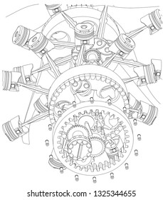 Disassembled radial engine on a white background. Drawing