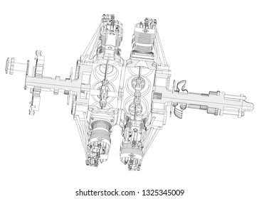 Disassembled radial engine on a white background. Drawing