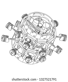 Disassembled radial engine on a white background. Drawing