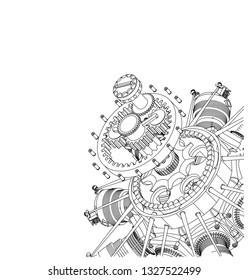 Disassembled radial engine on a white background. Drawing