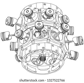 Disassembled radial engine on a white background. Drawing