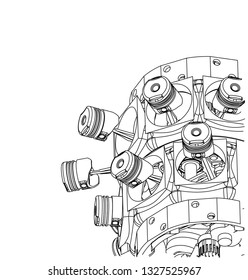 Disassembled radial engine on a white background. Drawing
