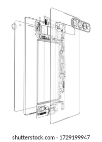 Disassembled smartphone concept outline. Vector rendering of 3d. Wire-frame style. The layers of visible and invisible lines are separated