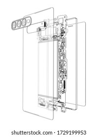 Disassembled smartphone concept outline. Vector rendering of 3d. Wire-frame style. The layers of visible and invisible lines are separated