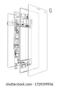 Disassembled smartphone concept outline. Vector rendering of 3d. Wire-frame style. The layers of visible and invisible lines are separated