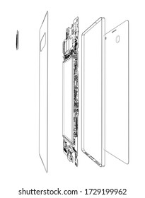 Disassembled smartphone concept outline. Vector rendering of 3d. Wire-frame style. The layers of visible and invisible lines are separated