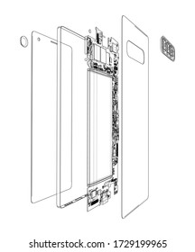Disassembled smartphone concept outline. Vector rendering of 3d. Wire-frame style. The layers of visible and invisible lines are separated