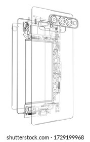 Disassembled smartphone concept outline. Vector rendering of 3d. Wire-frame style. The layers of visible and invisible lines are separated