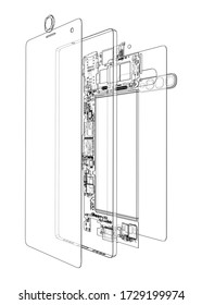Disassembled smartphone concept outline. Vector rendering of 3d. Wire-frame style. The layers of visible and invisible lines are separated