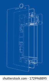 Disassembled smartphone concept outline. Vector rendering of 3d. Wire-frame style. The layers of visible and invisible lines are separated