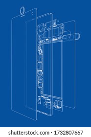 Disassembled smartphone concept outline. Vector rendering of 3d. Wire-frame style. The layers of visible and invisible lines are separated