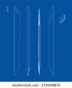 Disassembled smartphone concept outline. Vector rendering of 3d. Wire-frame style. The layers of visible and invisible lines are separated