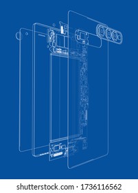 Disassembled smartphone concept outline. Vector rendering of 3d. Wire-frame style. The layers of visible and invisible lines are separated