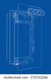 Disassembled smartphone concept outline. Vector rendering of 3d. Wire-frame style. The layers of visible and invisible lines are separated