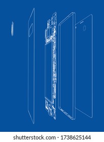 Disassembled smartphone concept outline. Vector rendering of 3d. Wire-frame style. The layers of visible and invisible lines are separated