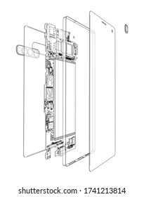 Disassembled smartphone concept outline. Vector rendering of 3d. Wire-frame style. The layers of visible and invisible lines are separated