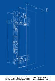 Disassembled smartphone concept outline. Vector rendering of 3d. Wire-frame style. The layers of visible and invisible lines are separated