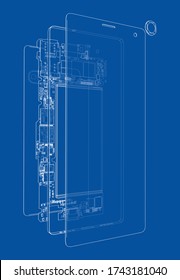 Disassembled smartphone concept outline. Vector rendering of 3d. Wire-frame style. The layers of visible and invisible lines are separated