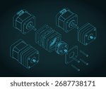 Disassembled stepper motor with planetary gearbox isometric drawings stylized vector illustration