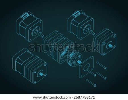 Disassembled stepper motor with planetary gearbox isometric drawings stylized vector illustration
