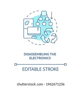 Disassembling electronics concept icon. E-waste recycling step idea thin line illustration. Personal computers, refrigerators, freezers. Vector isolated outline RGB color drawing. Editable stroke