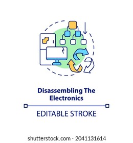 Disassembling electronics concept icon. E-waste recycling step idea thin line illustration. Devices dismantling. Broken electronics disposal. Vector isolated outline RGB color drawing. Editable stroke
