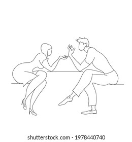 Disassembly. A man and a woman discuss their problems violently. Contour line vector. Characters isolated on white background