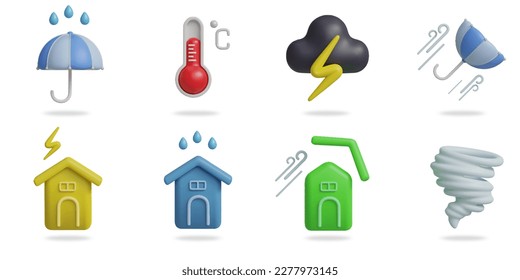 disaster 3D vector icon set.
rain on umbrella,thermometer,lightning cloud,blown umbrella,natural disaster,storm