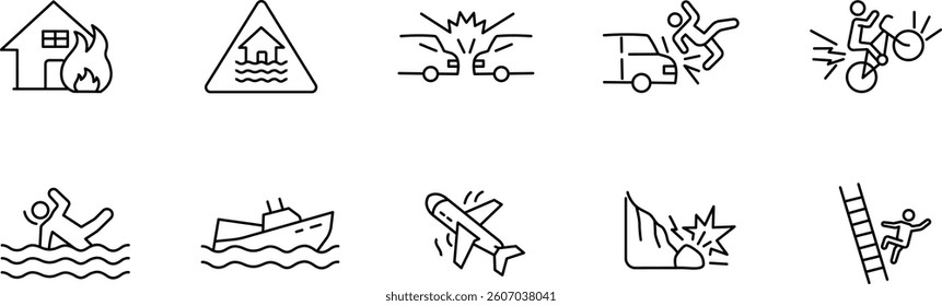 Disaster and Accident Icons for Safety Awareness and Risk Prevention.