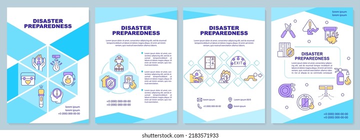 Disaster and accident preparedness cyan brochure template. Leaflet design with linear icons. Editable 4 vector layouts for presentation, annual reports. Arial-Black, Myriad Pro-Regular fonts used