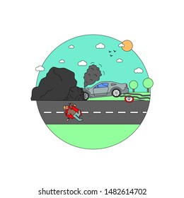 Disaster Accident Tragedy of Car Collision, Crash. A man crashed in a car on a rock without observing the speed limit
