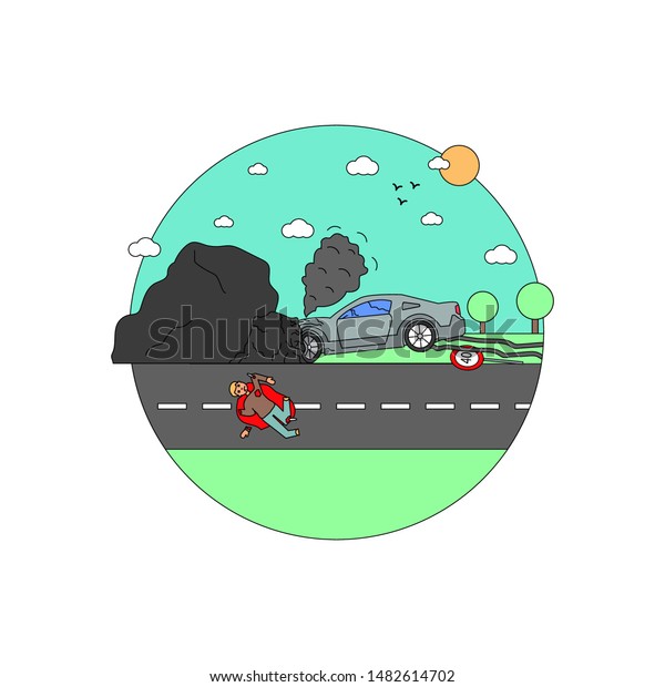 Disaster\
Accident Tragedy of Car Collision, Crash. A man crashed in a car on\
a rock without observing the speed\
limit